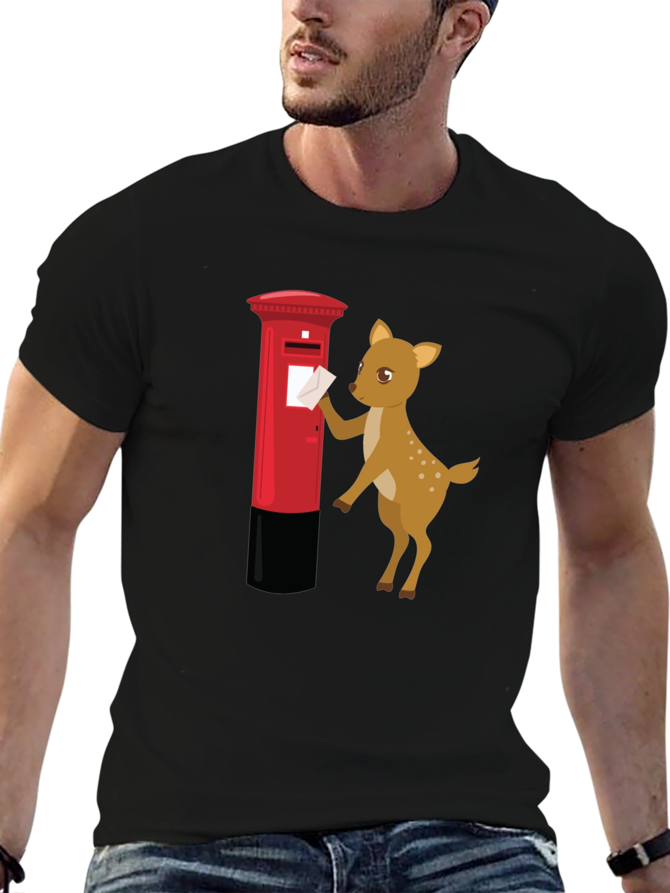 Black Cartoon Deer Posting Letter T-Shirt view 6