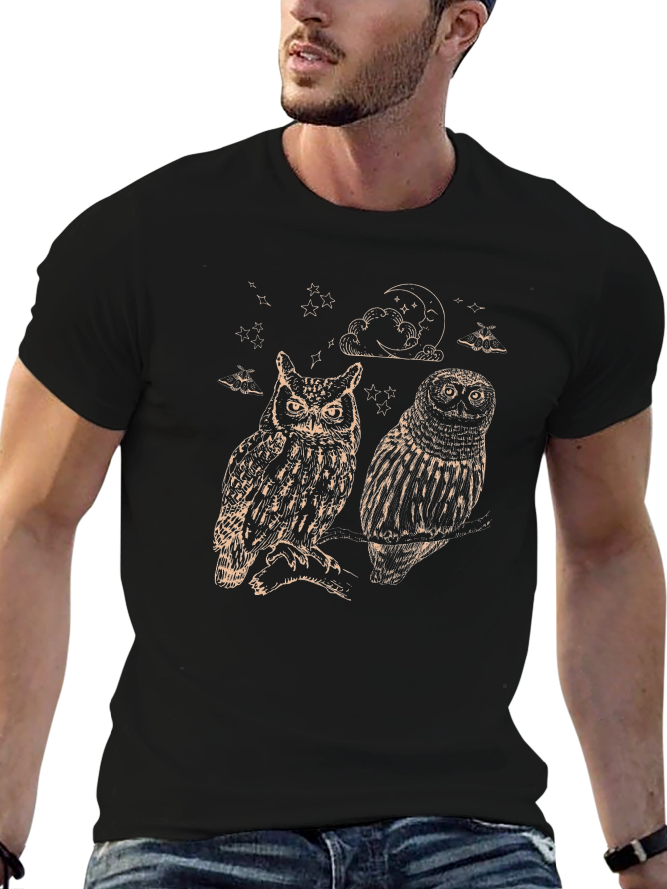 Black Two Owls Graphic Print Black T-Shirt view 6