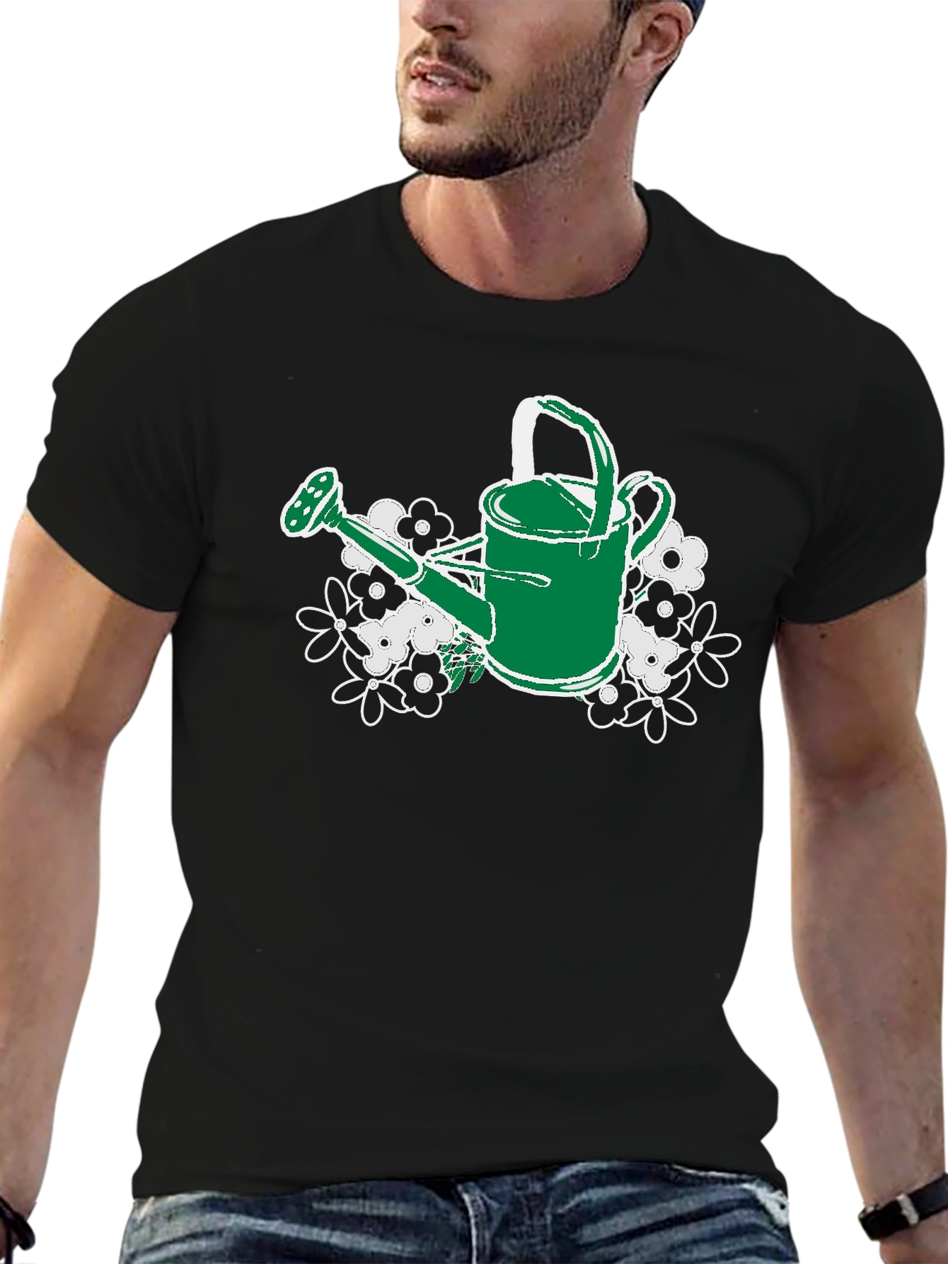 Black Gardening Watering Can T-Shirt - Floral Design view 6