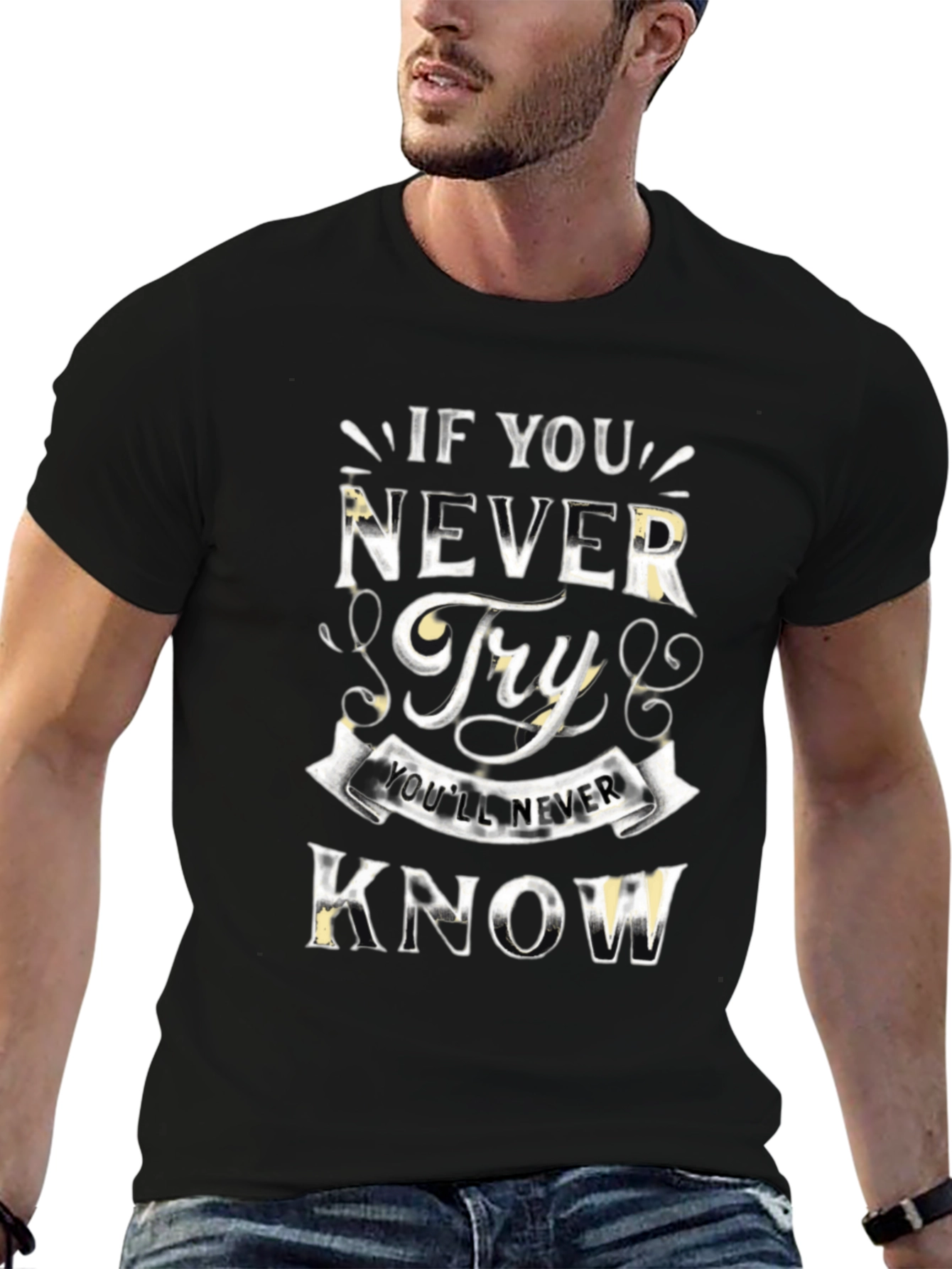 Black Inspirational "Never Try" Graphic Black T-Shirt view 6