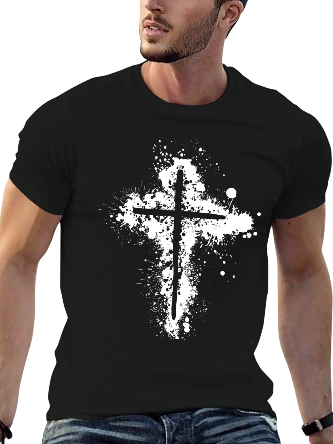 Black Grunge Cross T-Shirt - Black Cotton Blend view 6