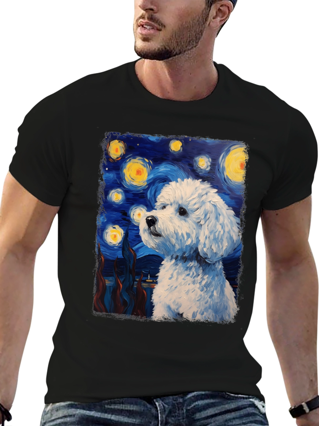 Black Starry Dog Art T-Shirt view 6