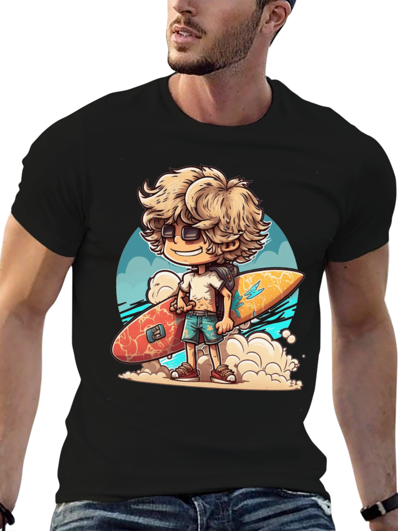 Black Surfer Dude Cartoon Graphic T-Shirt view 6