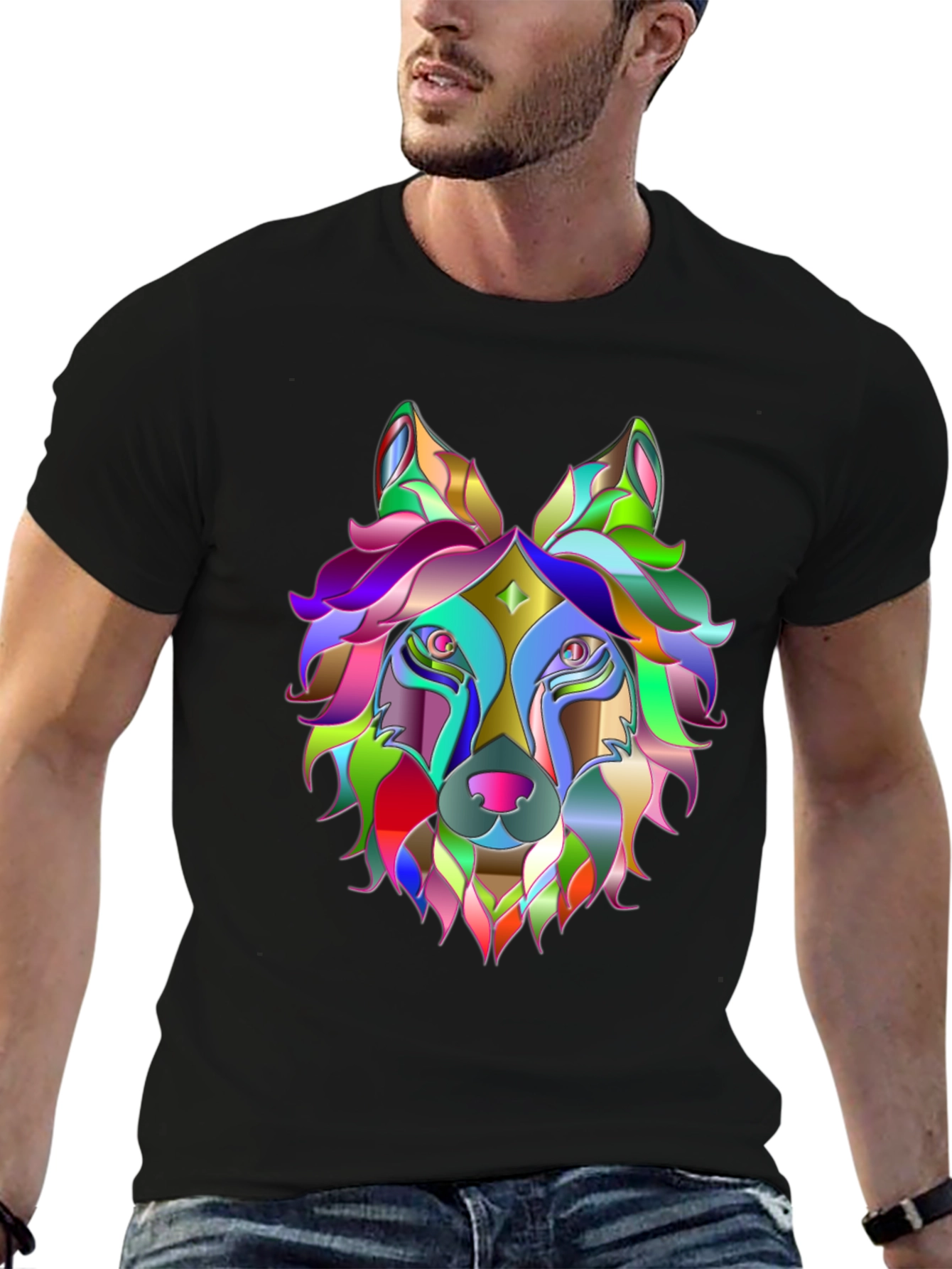 Black Colorful Geometric Wolf Graphic Tee - Unique Design view 6