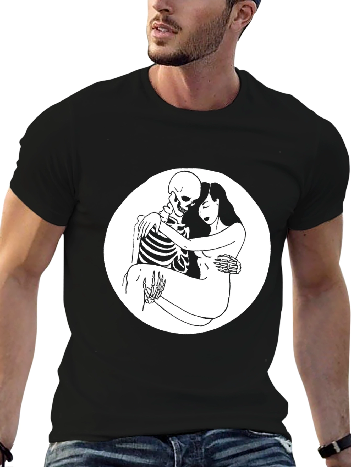 Black Embrace the Afterlife: Skeleton & Woman Graphic Tee view 6