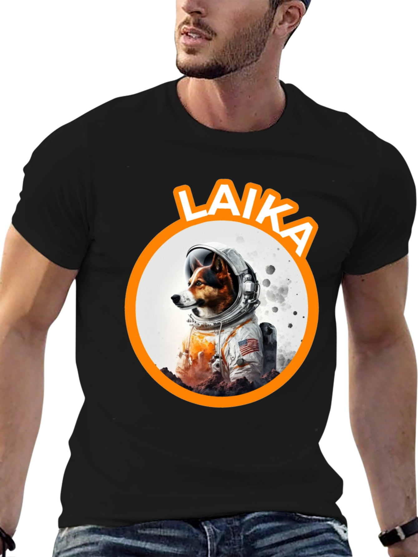 Black Laika Dog Astronaut Black T-Shirt view 6