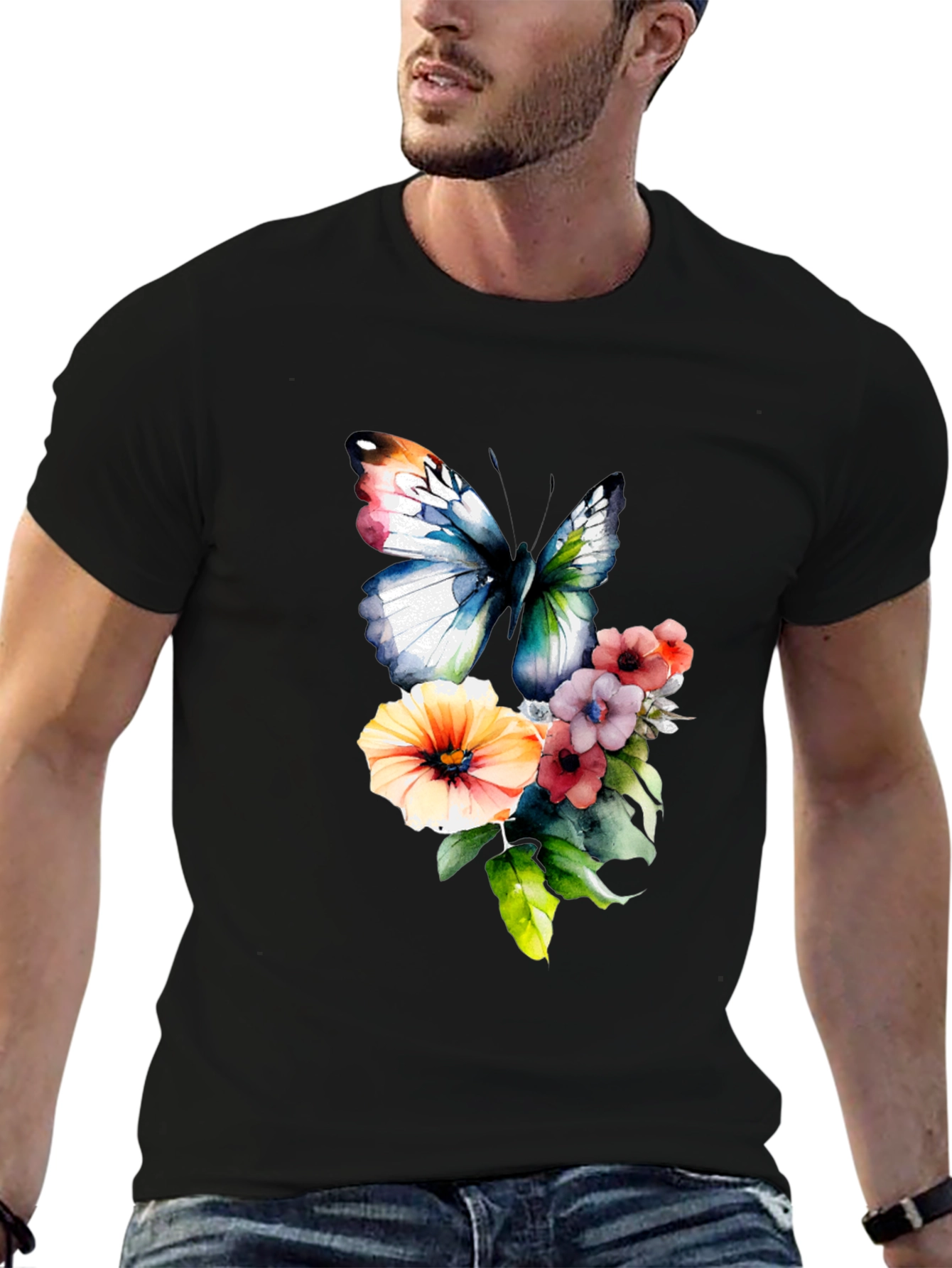 Black Butterfly & Floral Print T-Shirt view 6
