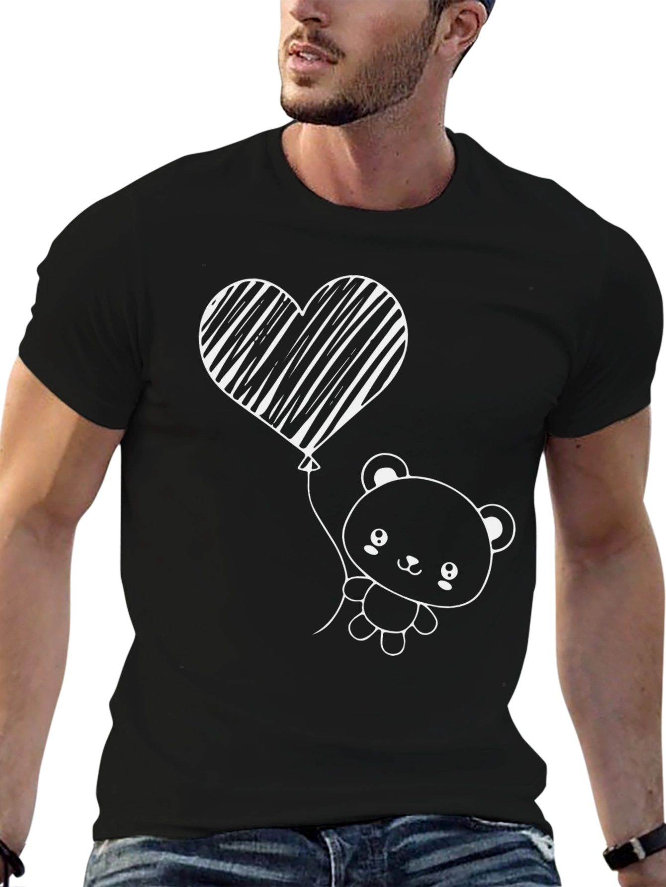 Black Cute Bear with Heart Balloon Black T-Shirt view 6