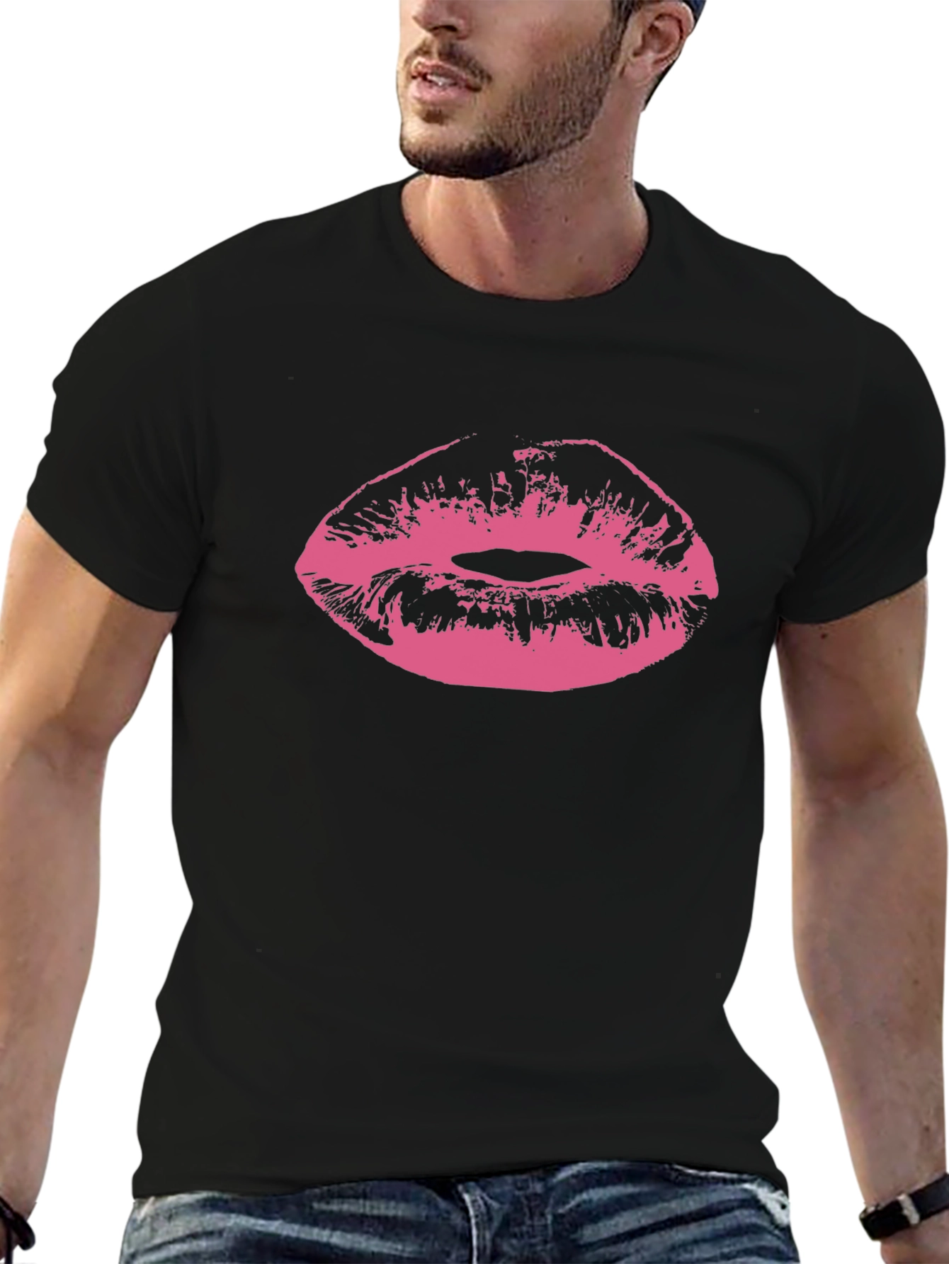 Black Kiss Print Black Tee - Graphic Lips T-Shirt view 6