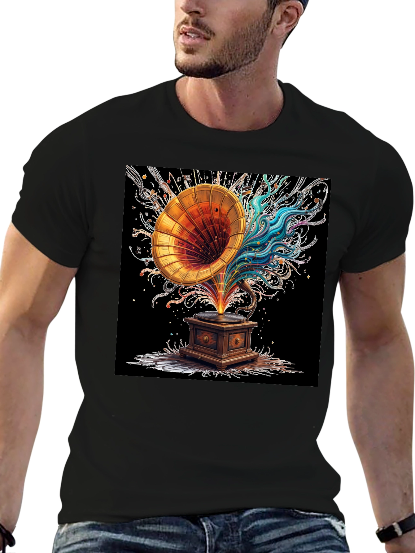 Black Vintage Gramophone Music Art T-Shirt view 6