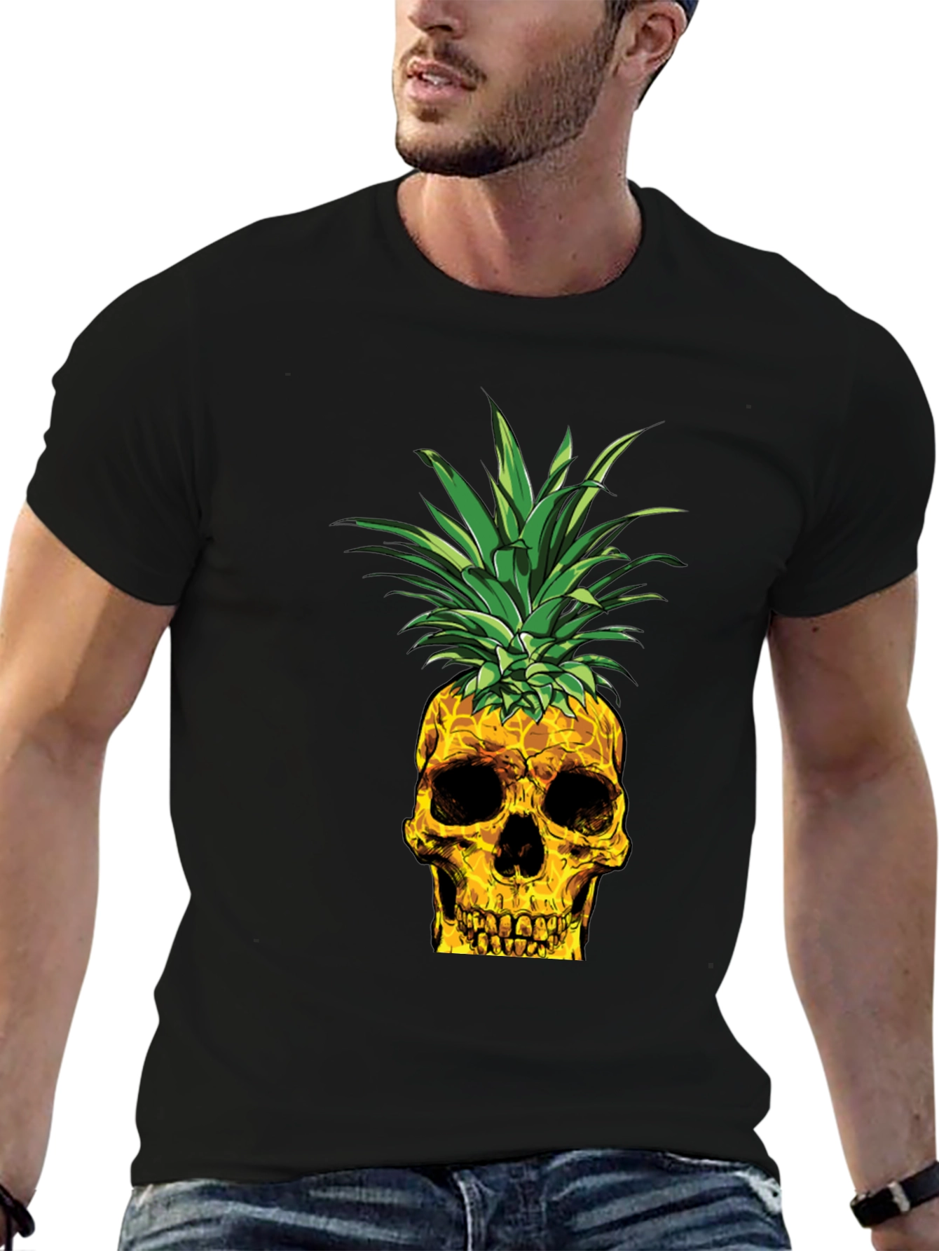 Black Skull Pineapple Graphic Tee - Black Cotton T-Shirt view 6