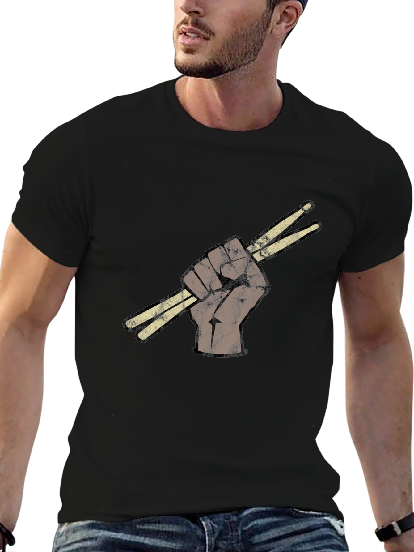 Black Drummer's Fist T-Shirt - Black Crew Neck Tee view 6