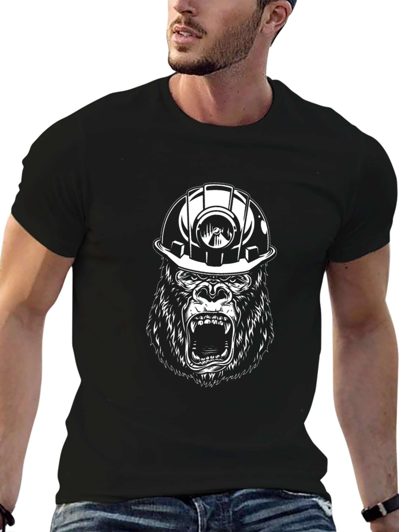 Black Gorilla Miner Graphic T-Shirt - Black Cotton Tee view 6