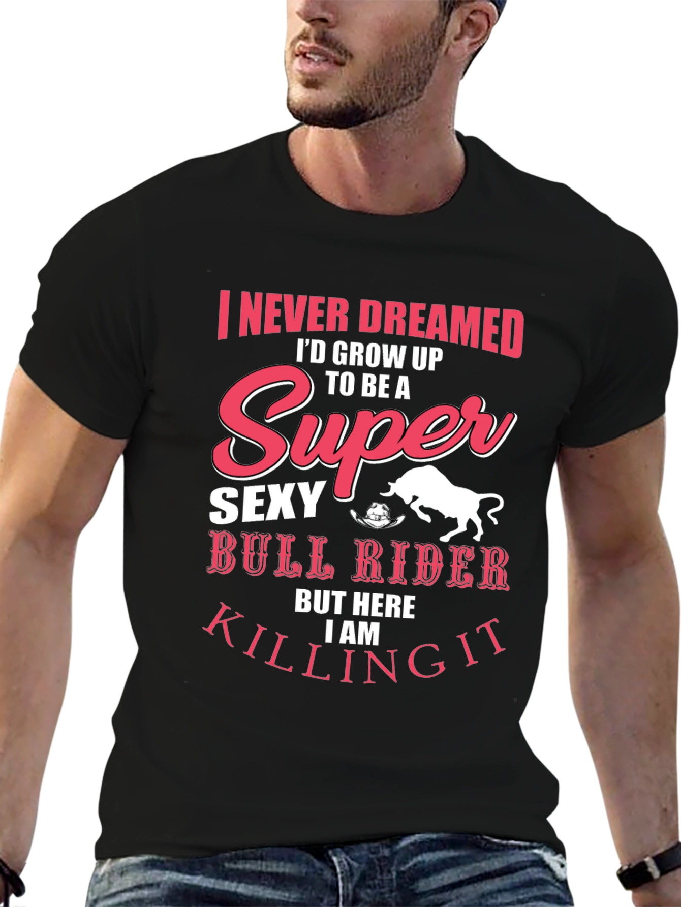 Black Super Sexy Bull Rider T-Shirt - Men's Black Graphic Tee view 6