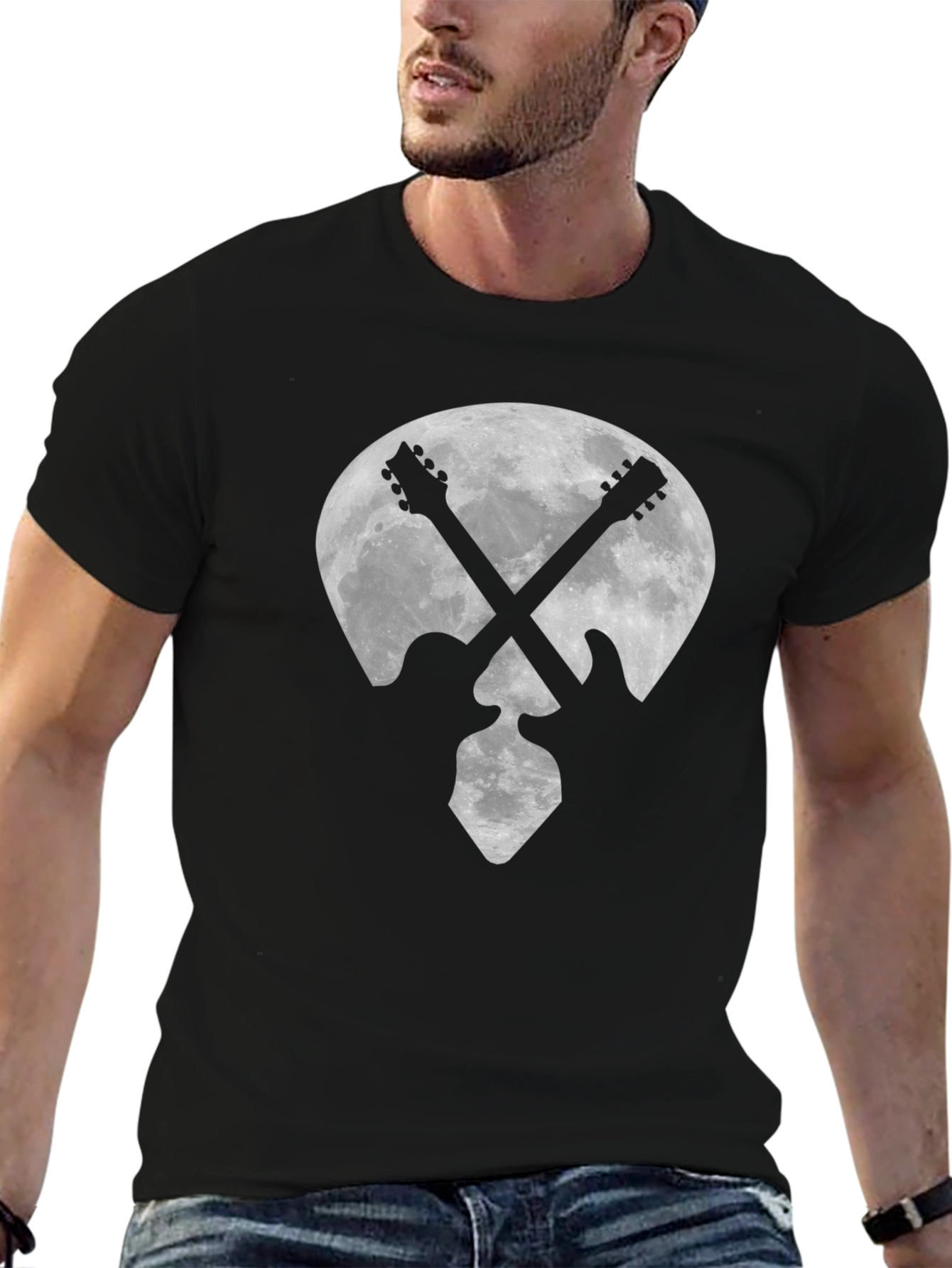 Black Guitar Moon Graphic Tee - Rock Style view 6