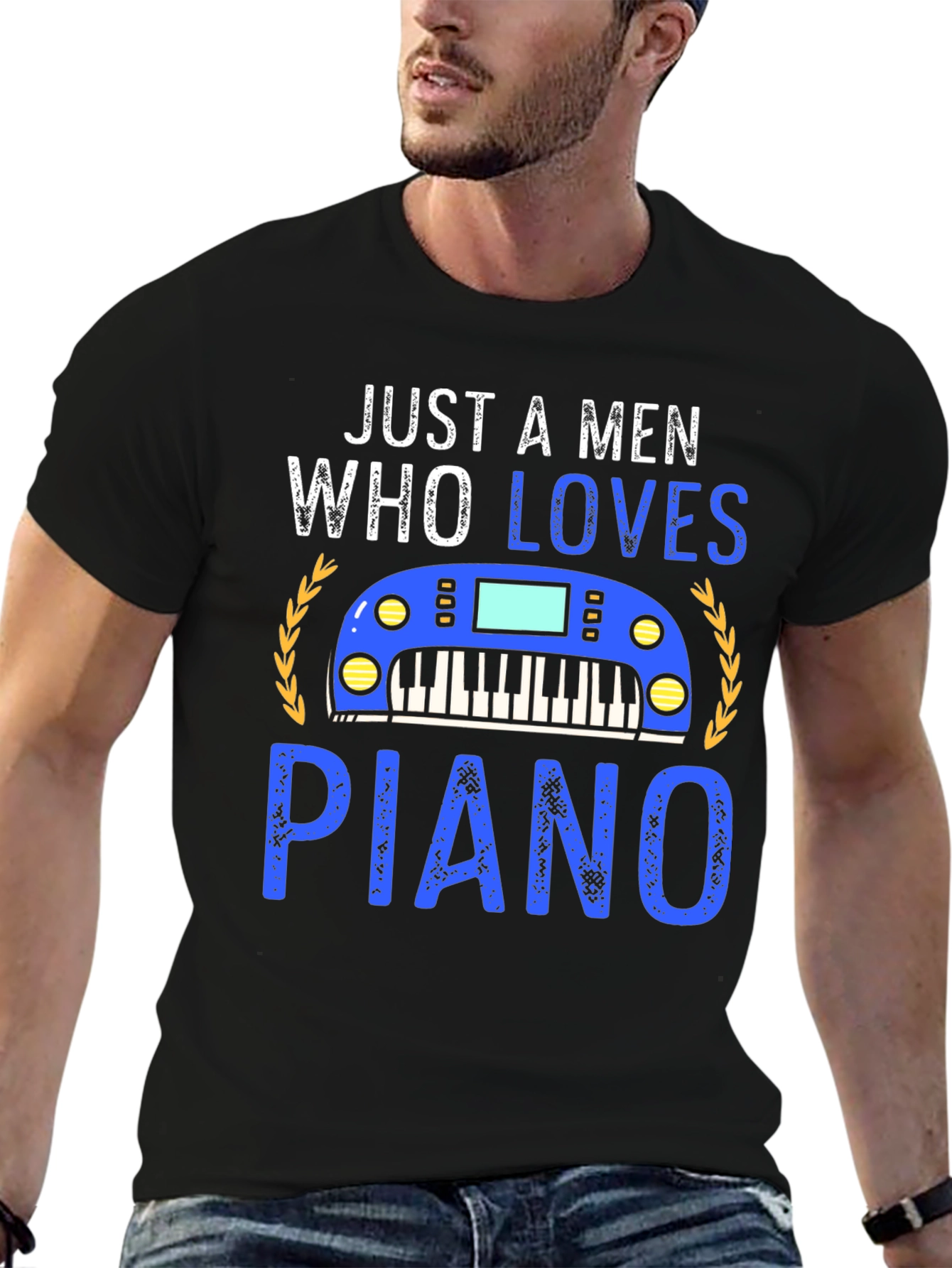 Black Just a Man Who Loves Piano Black T-Shirt view 6