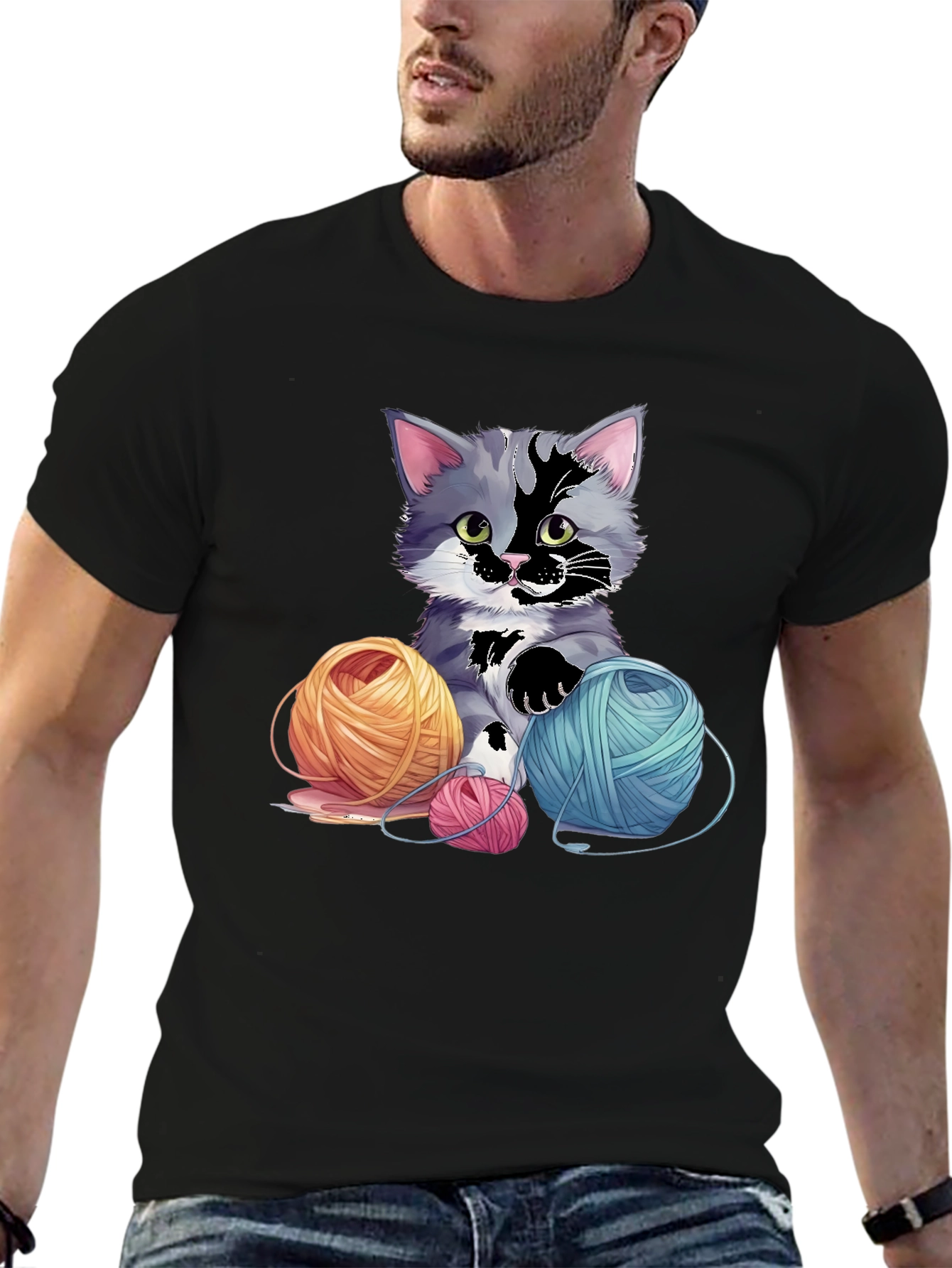 Black Cute Kitten with Yarn Balls Graphic Tee view 6
