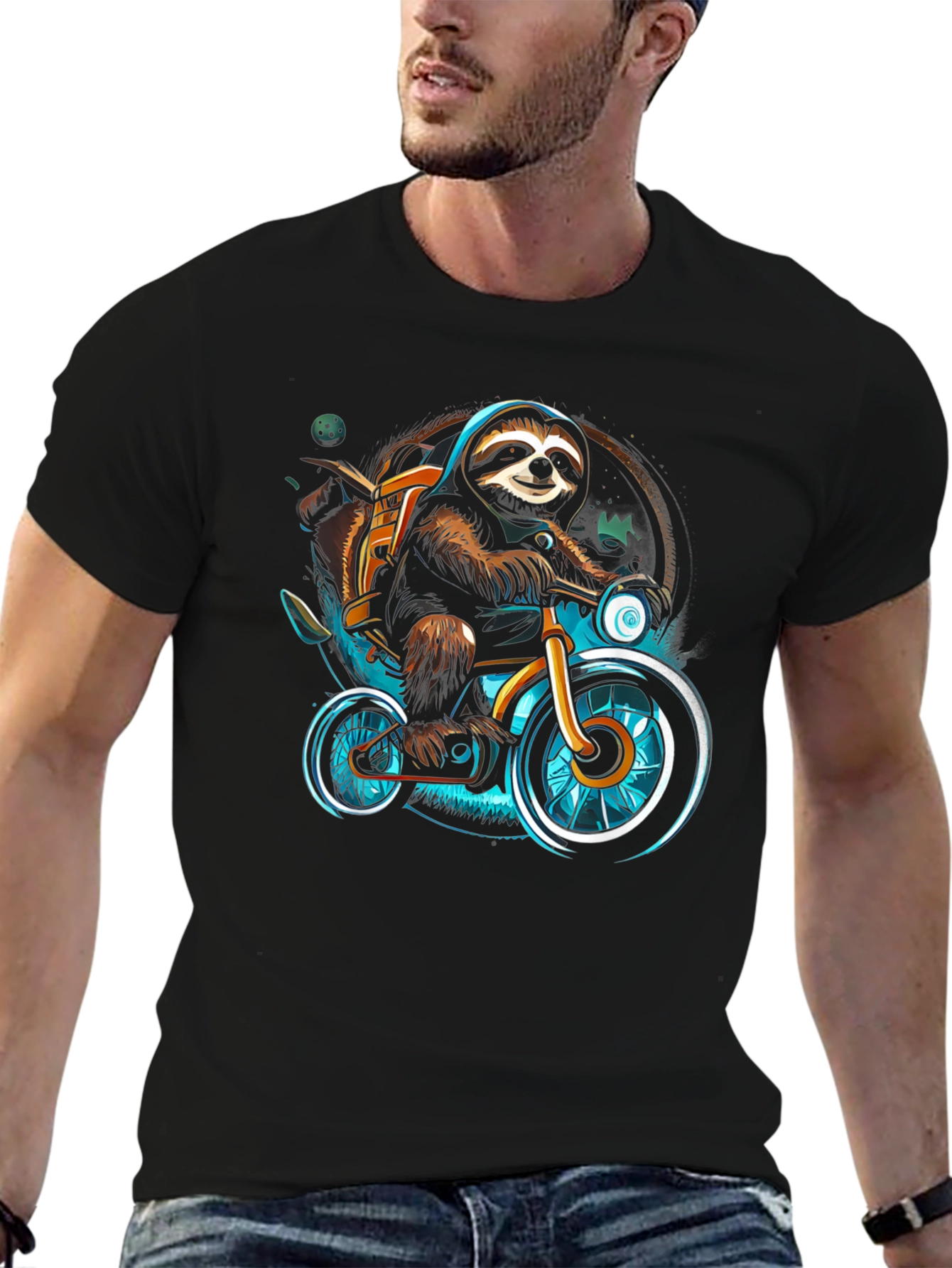 Black Sloth on Bike Graphic Tee - Cool Casual Shirt view 6