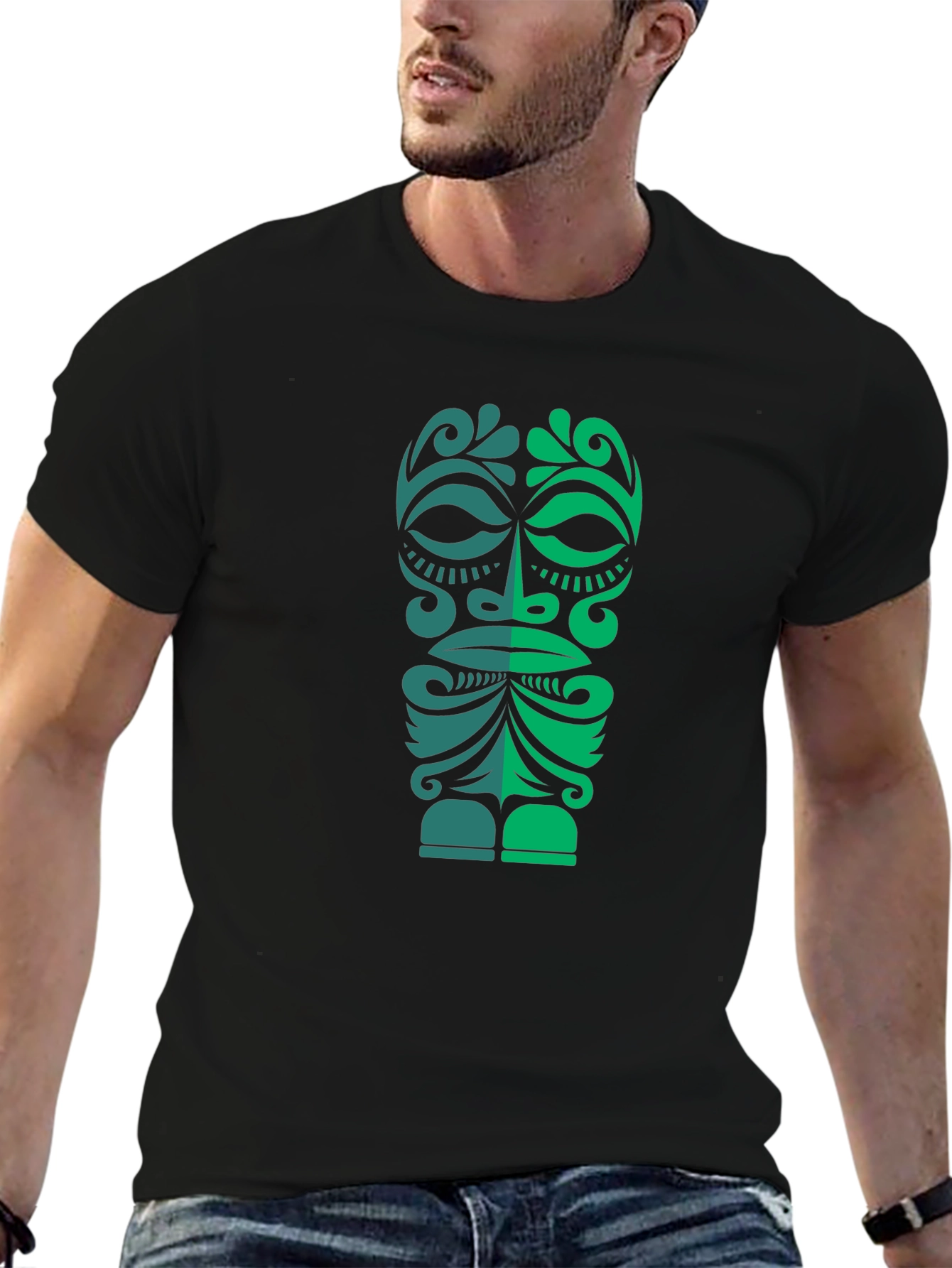 Black Tribal Tiki Mask Graphic Tee - Men's Black T-Shirt view 6
