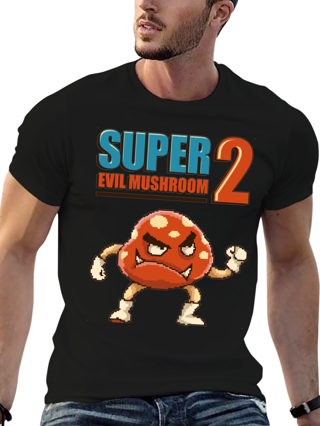 Black Super 2 Evil Mushroom Graphic T-Shirt view 6