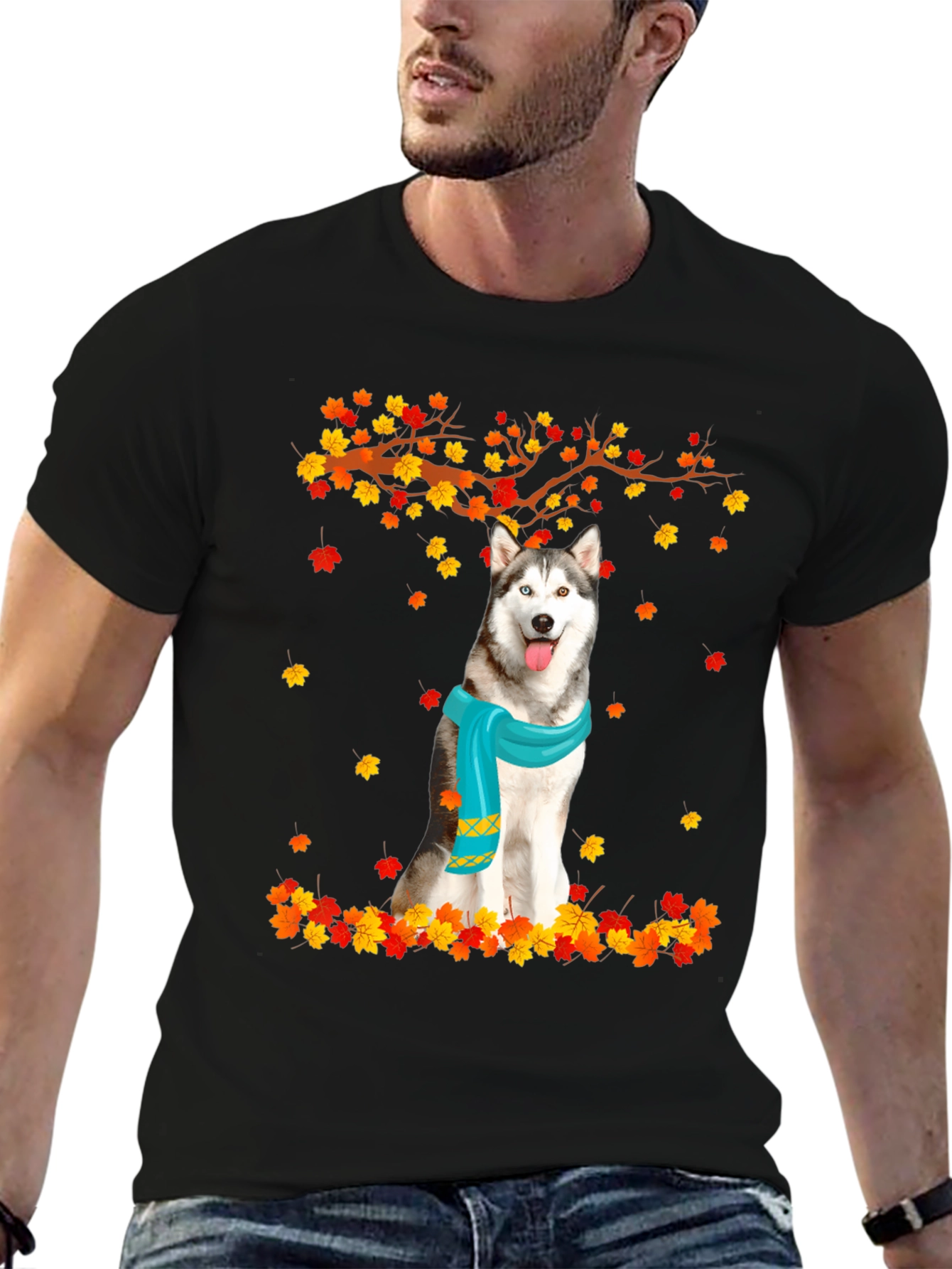 Black Husky Autumn Leaves Graphic T-Shirt view 6