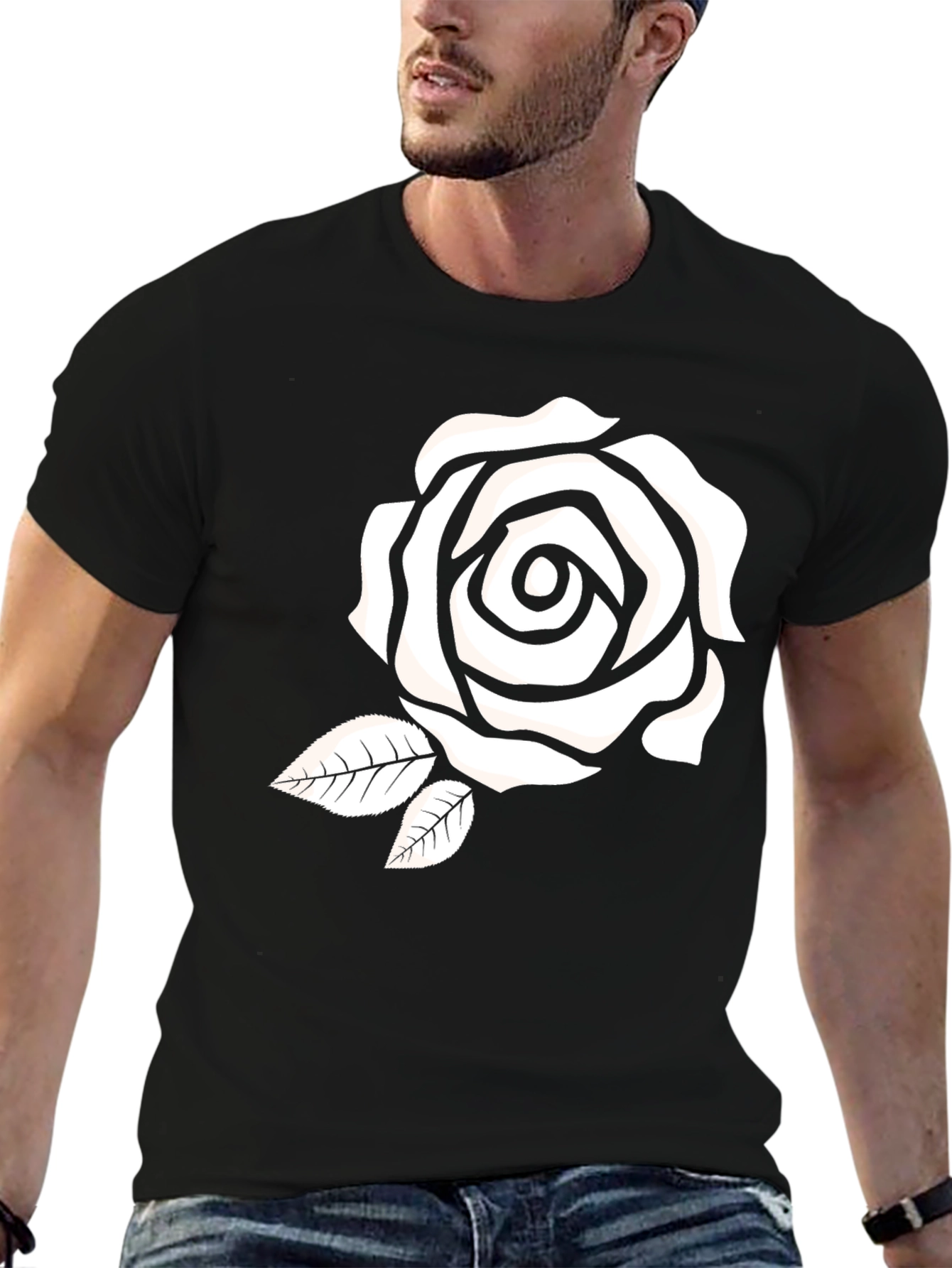 Black Black T-Shirt with White Rose Graphic view 6