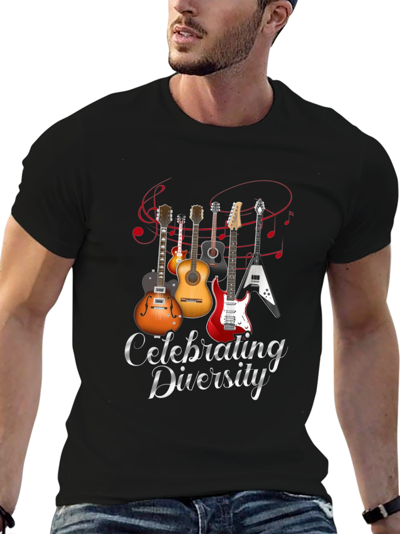 Black Celebrating Diversity Guitar Graphic T-Shirt view 6