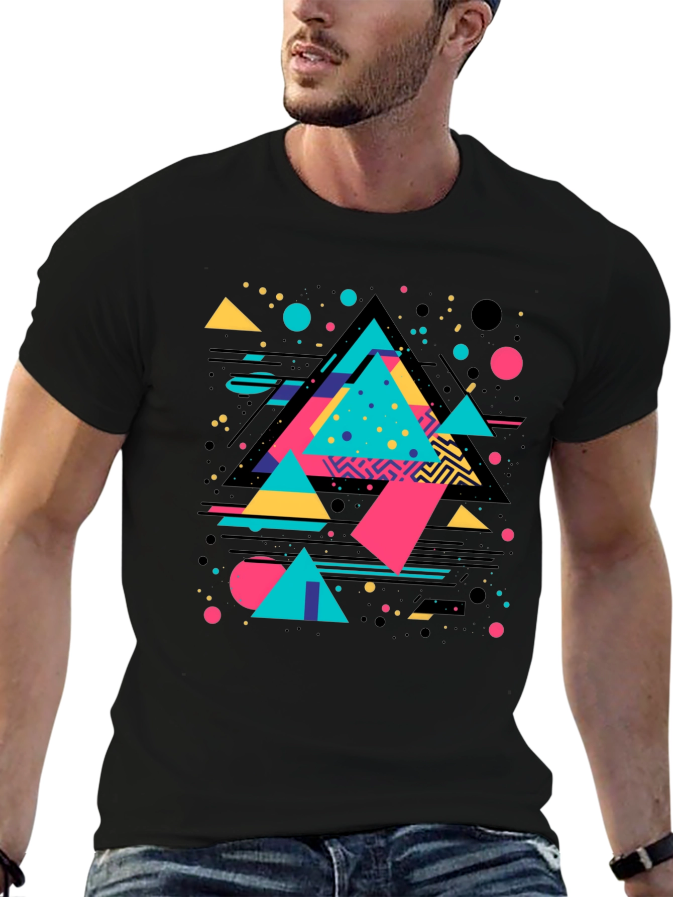 Black Retro Geometric Triangle Graphic Black T-Shirt view 6