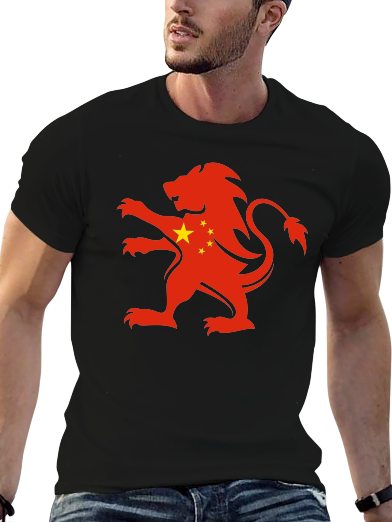 Black China Flag Lion Graphic Black T-Shirt view 6