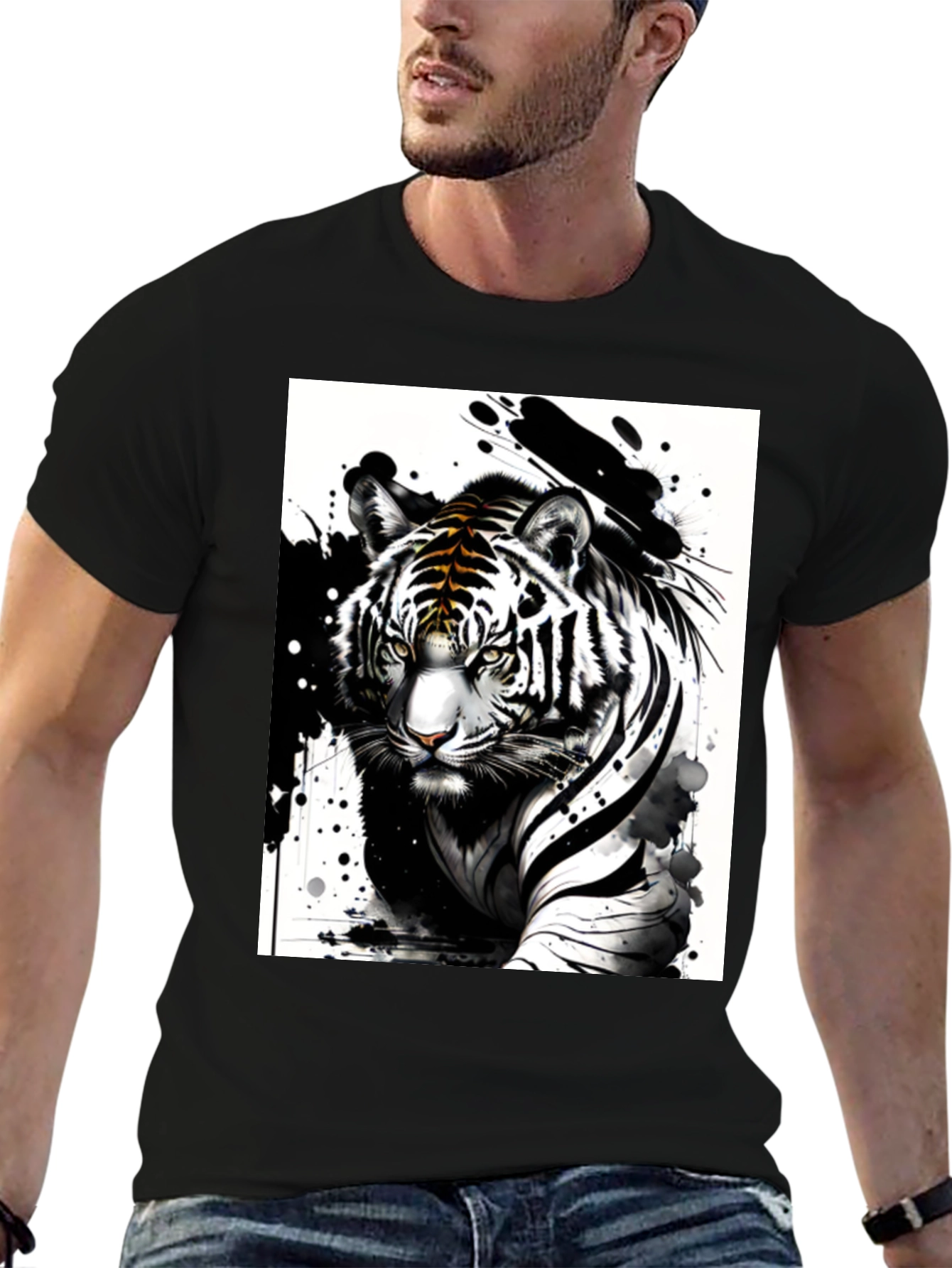 Black Tiger Ink Art Graphic Tee - Black Cotton Blend T-Shirt view 6