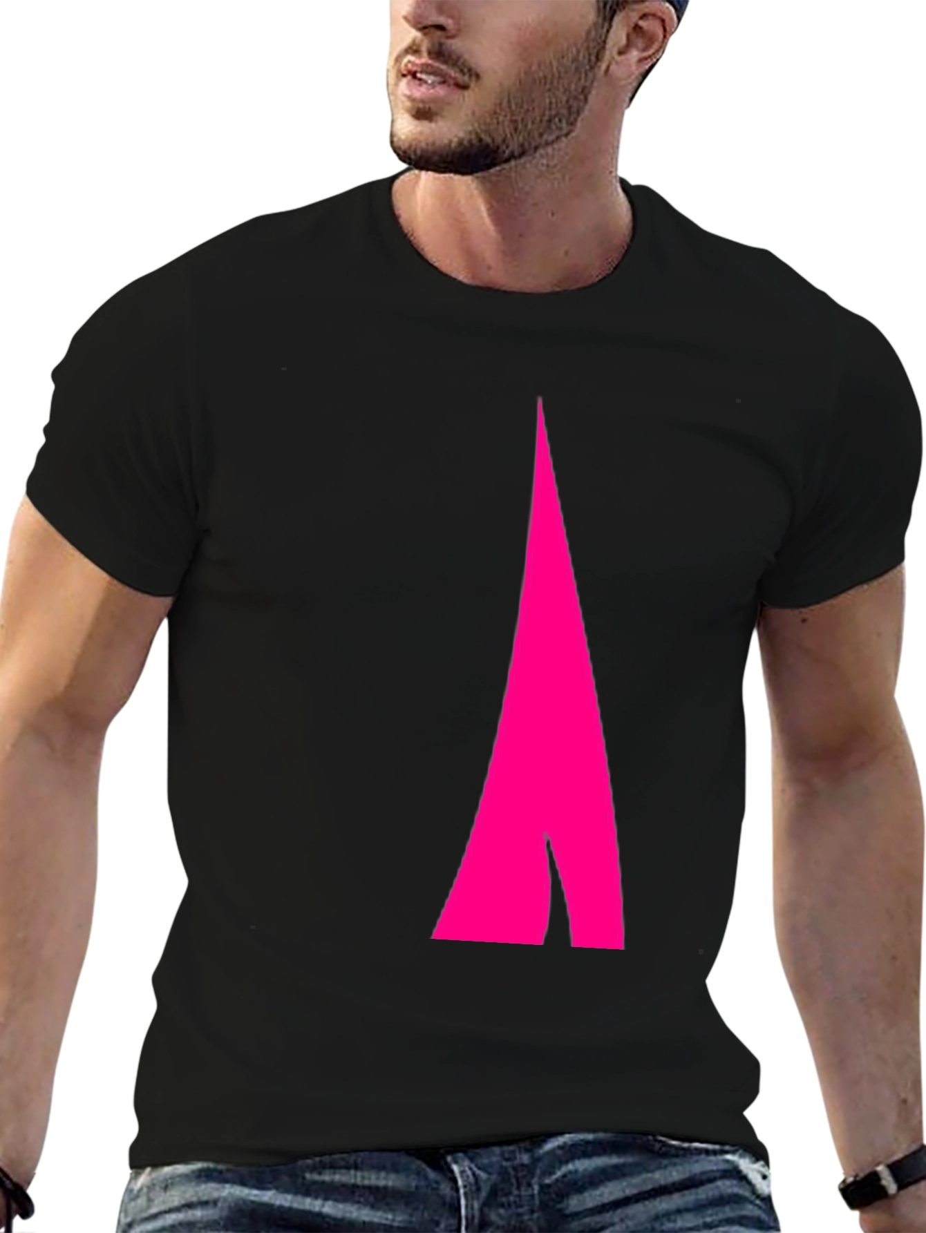 Black Men's Black Tee with Abstract Pink Arrow Design view 6