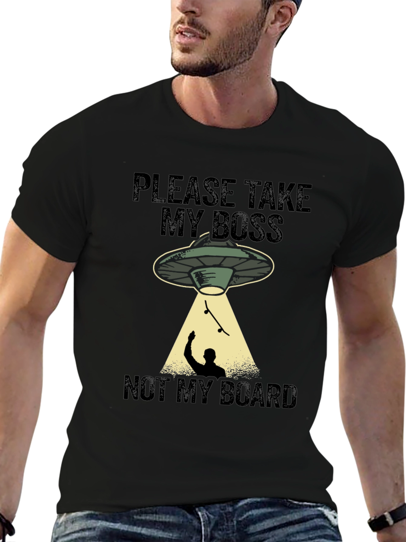 Black Funny Alien Abduction Skateboarder Graphic T-Shirt view 6