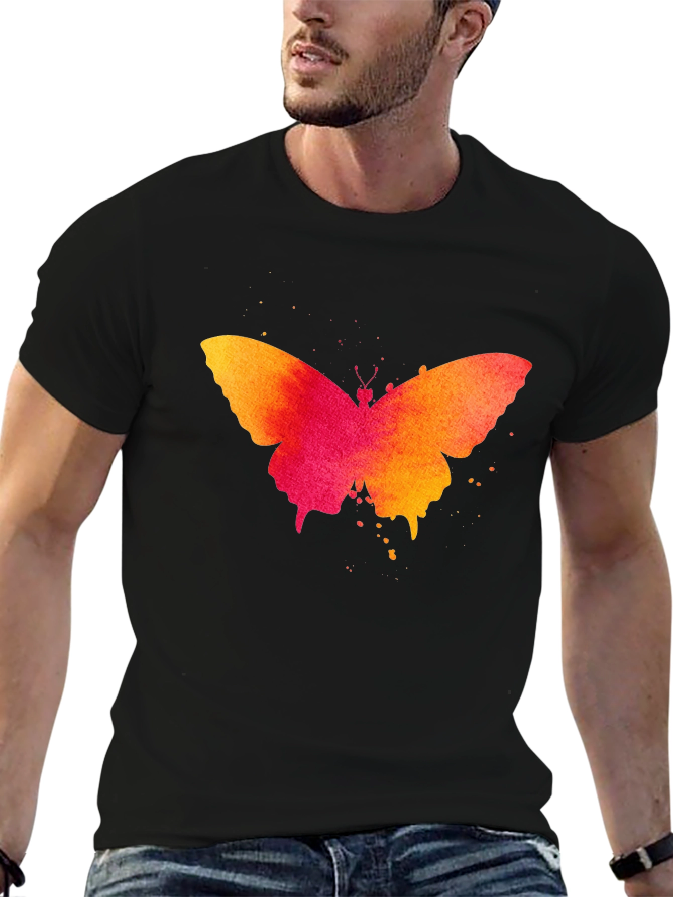 Black Butterfly Watercolor Print Black T-Shirt view 6