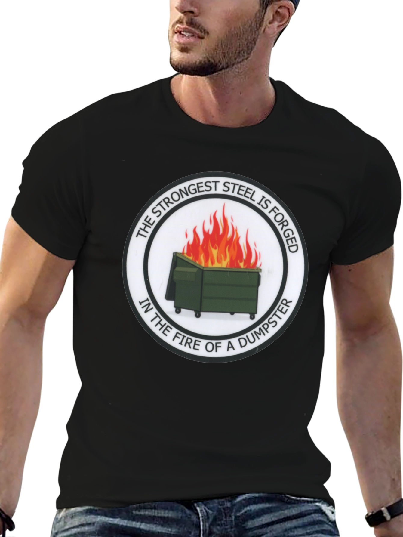 Black Strongest Steel Forged Tee - Dumpster Fire Design view 6