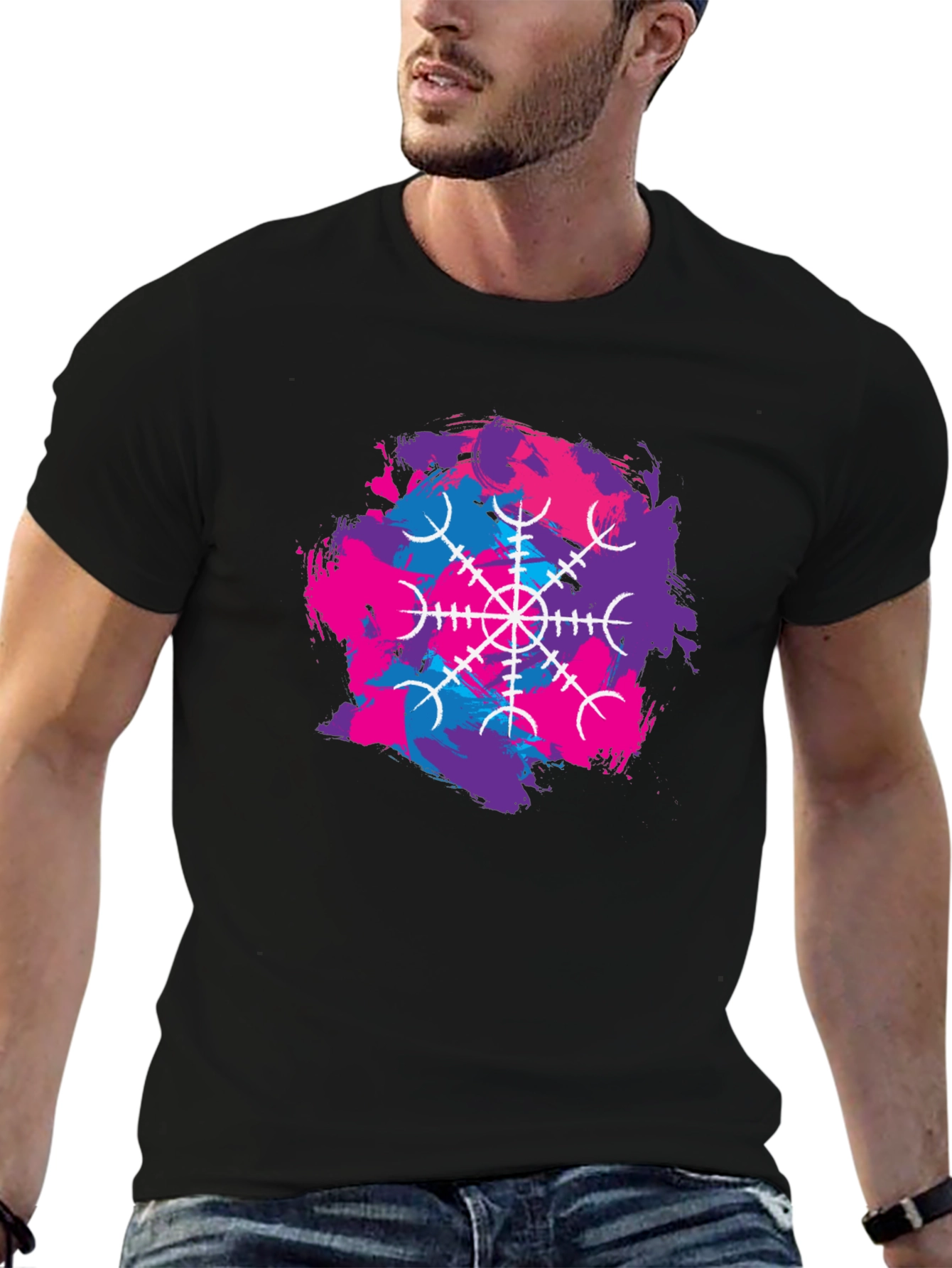 Black Black T-Shirt with Abstract Vegvisir Design view 6