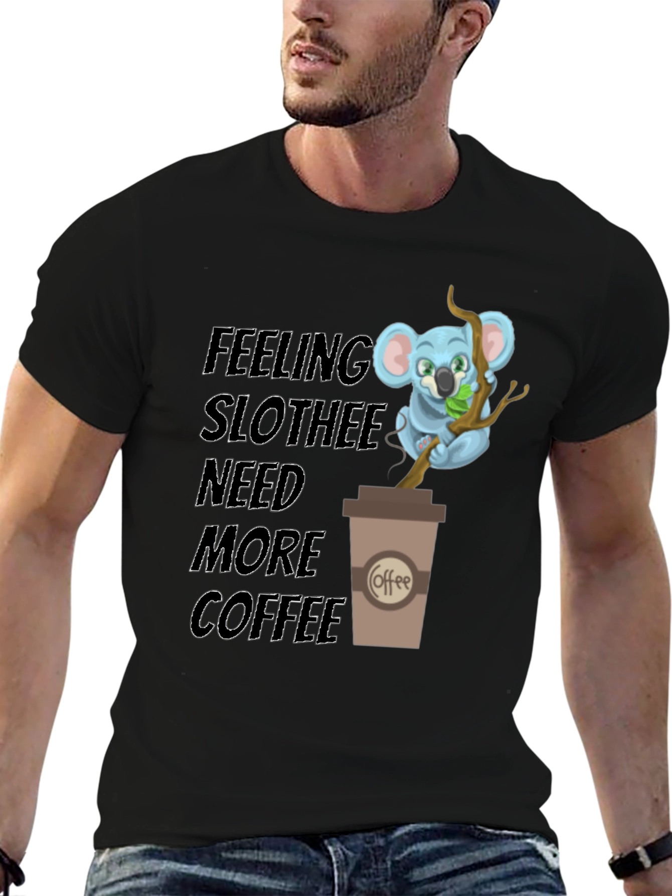 Black Feeling Slothee Need More Coffee T-Shirt view 6