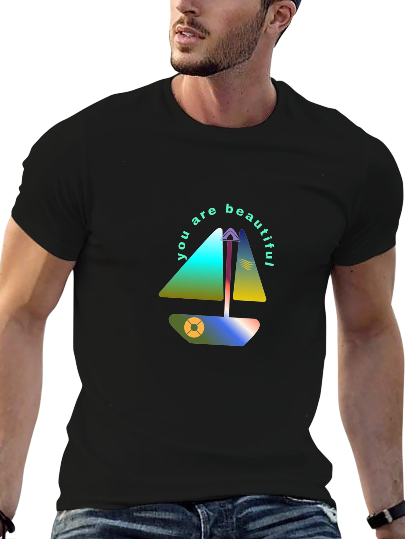Black Modern Sailboat Graphic Tee - You Are Beautiful view 6