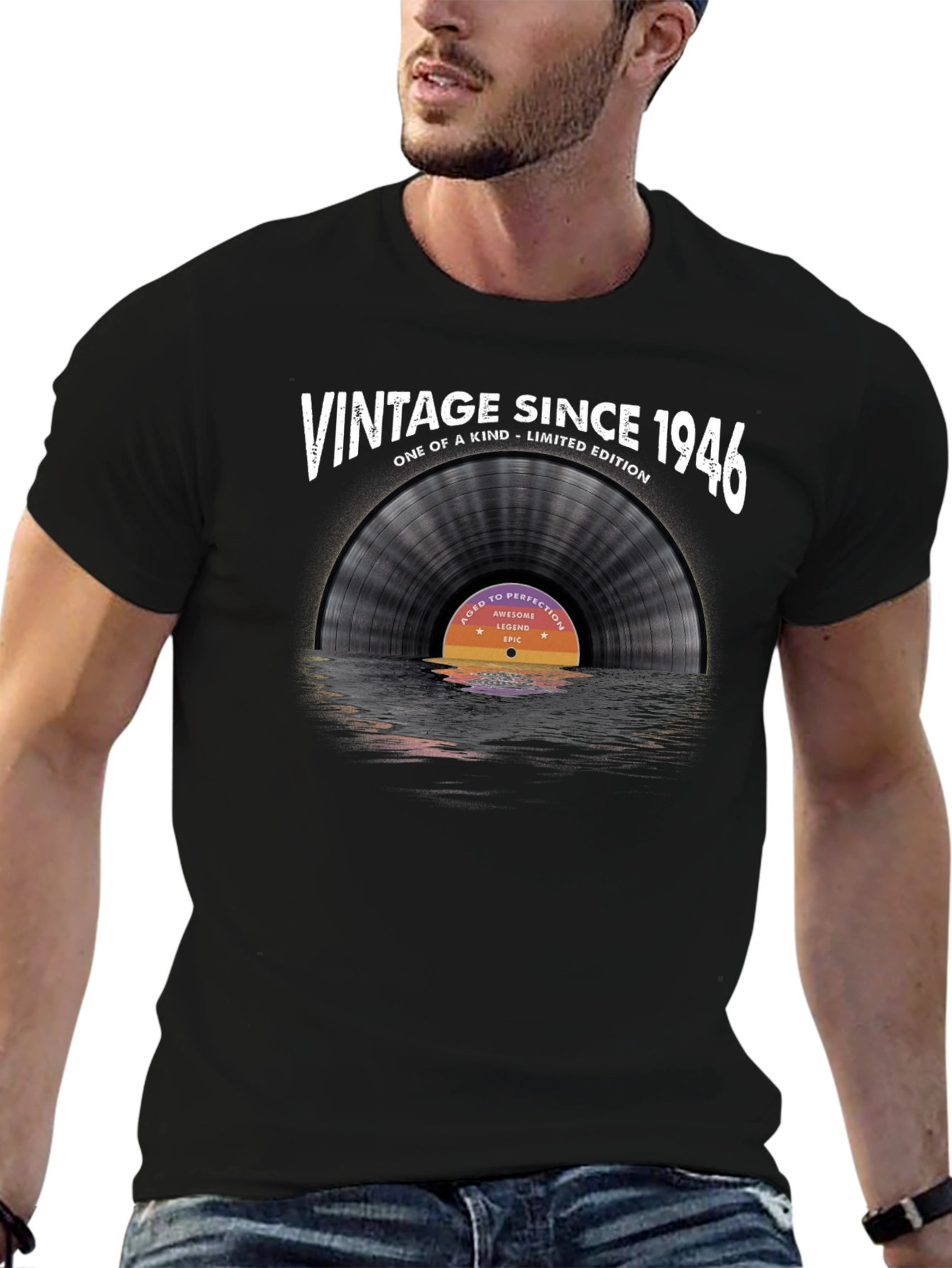 Black Vintage Since 1946 Vinyl Record Graphic T-Shirt view 6