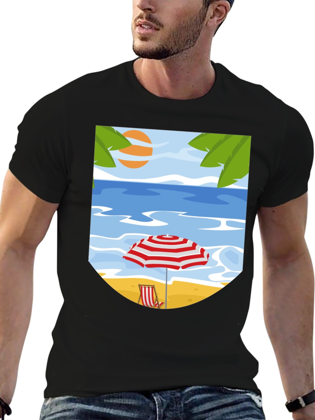 Black Beach Scene Graphic Tee - Black Cotton T-Shirt view 6