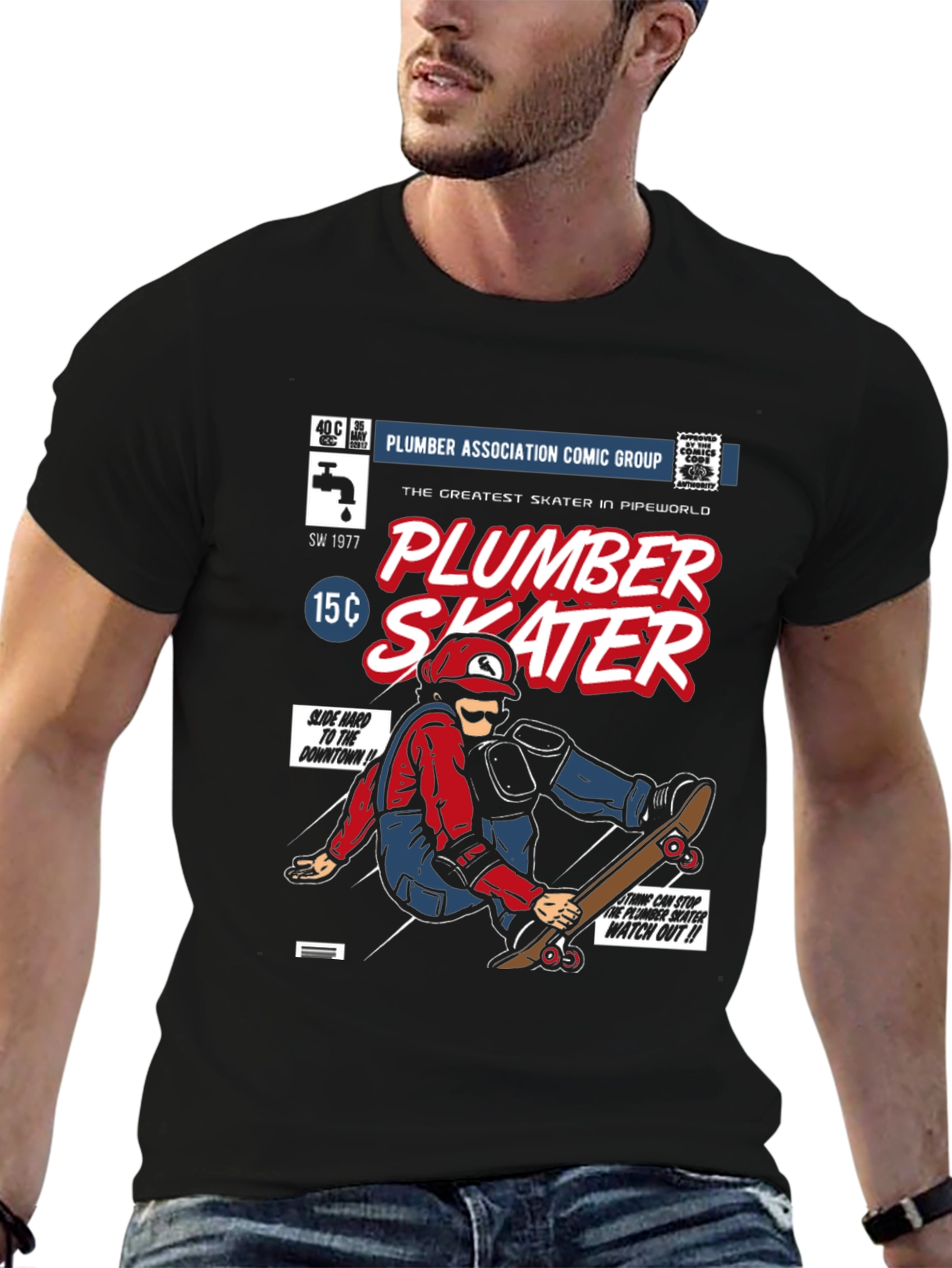 Black Plumber Skater Comic T-Shirt - Black Cotton Graphic Tee view 6