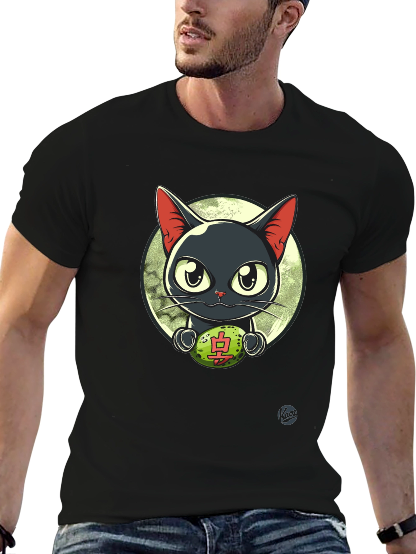 Black Cool Cat T-Shirt - Lucky Charm Design view 6