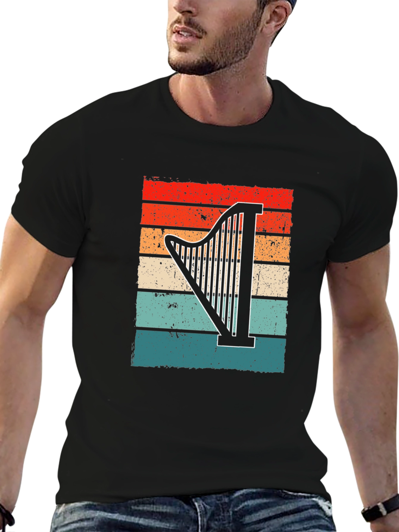 Black Vintage Harp Sunset Graphic T-Shirt view 6