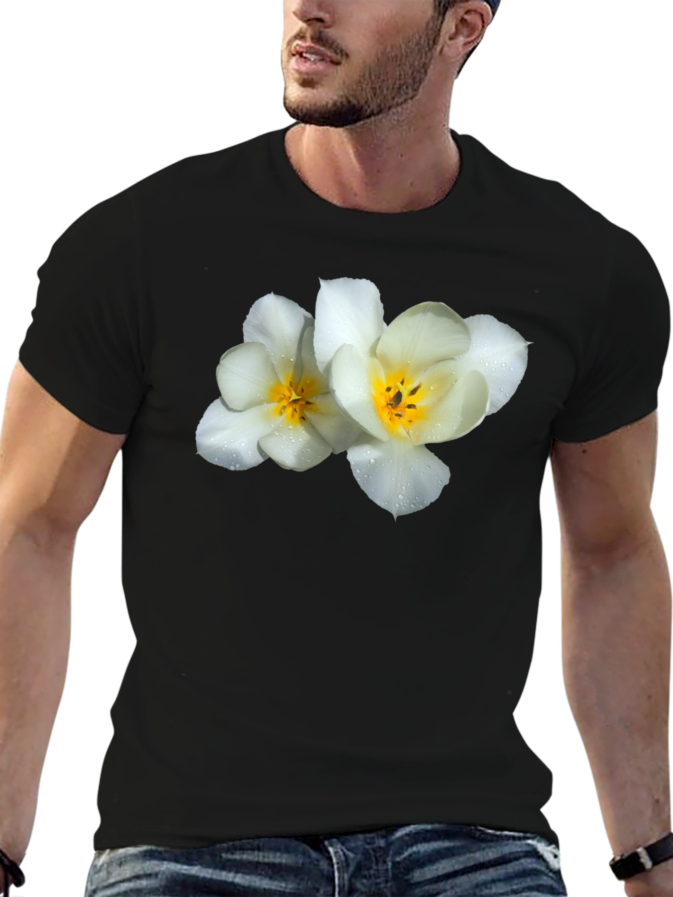 Black Floral Graphic Tee - White Flowers on Black view 6