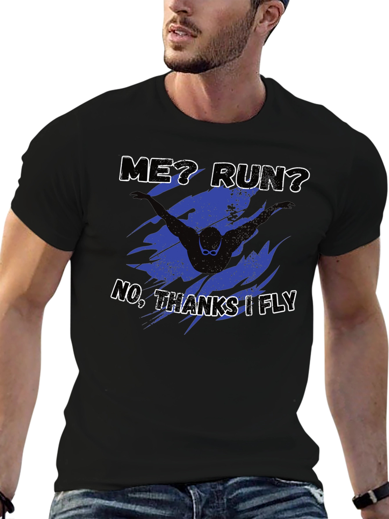 Black Funny Swimmer T-Shirt - No Running, Just Flying! view 6