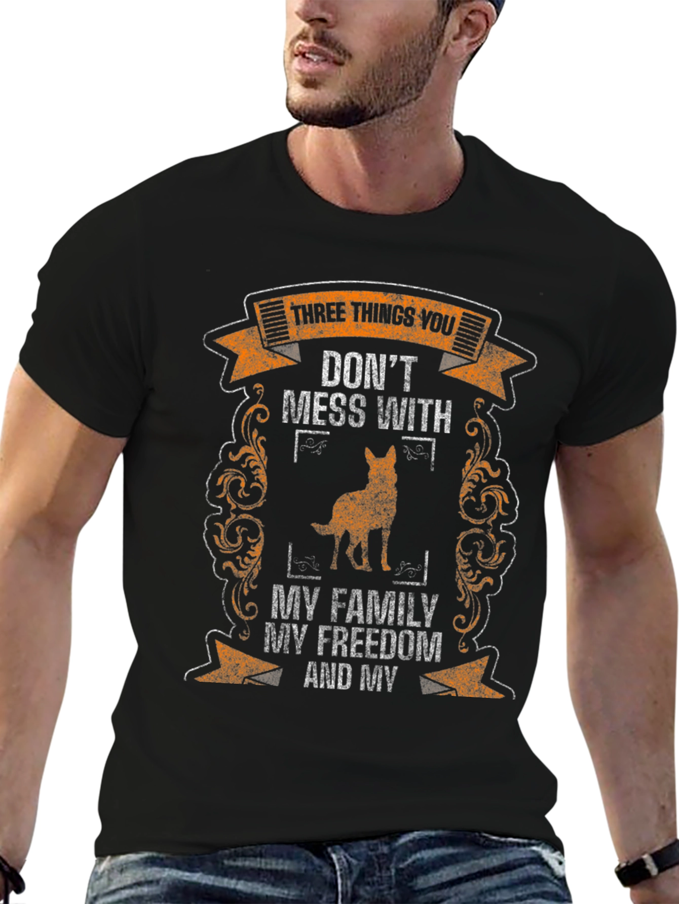 Black Three Things T-Shirt: Family, Freedom, Dog view 6