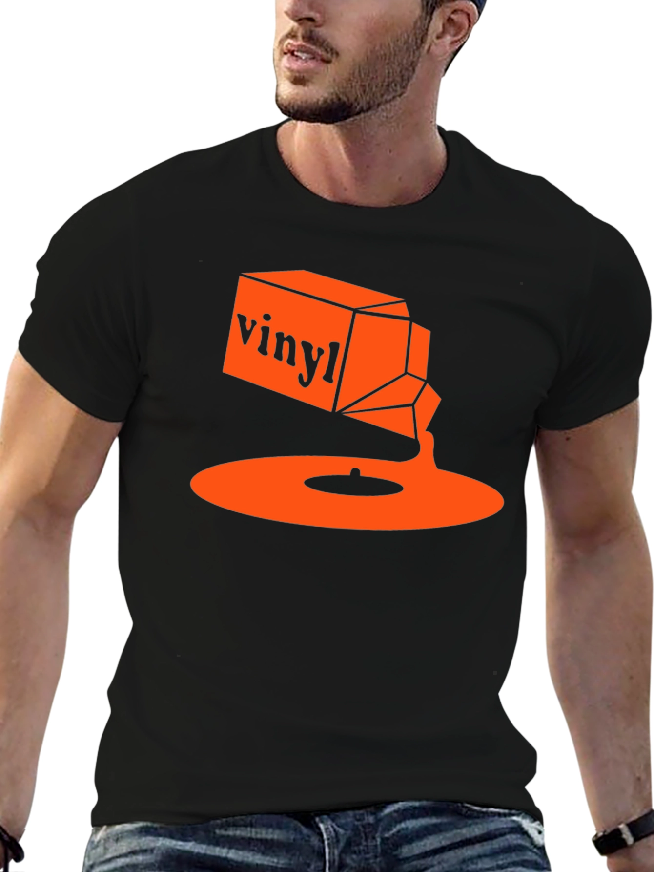 Black Vinyl Music T-Shirt - Retro Orange Design view 6