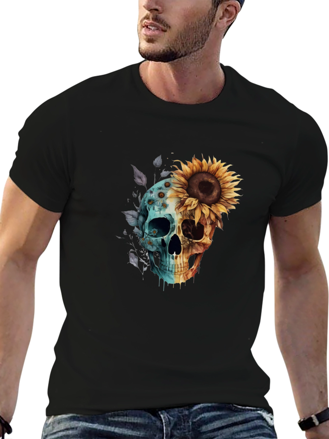 Black Sunflower Skull Graphic Tee - Men's Black T-Shirt view 6