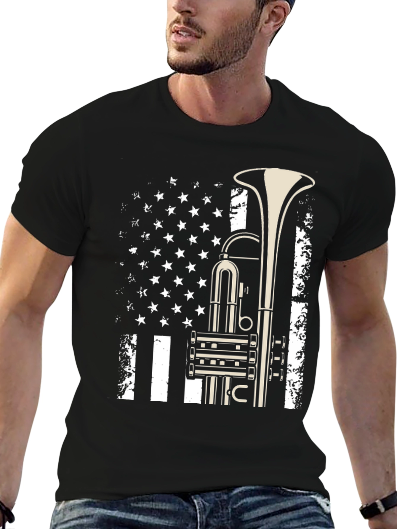 Black Trumpet Flag Graphic Tee - Music Lover Shirt view 6