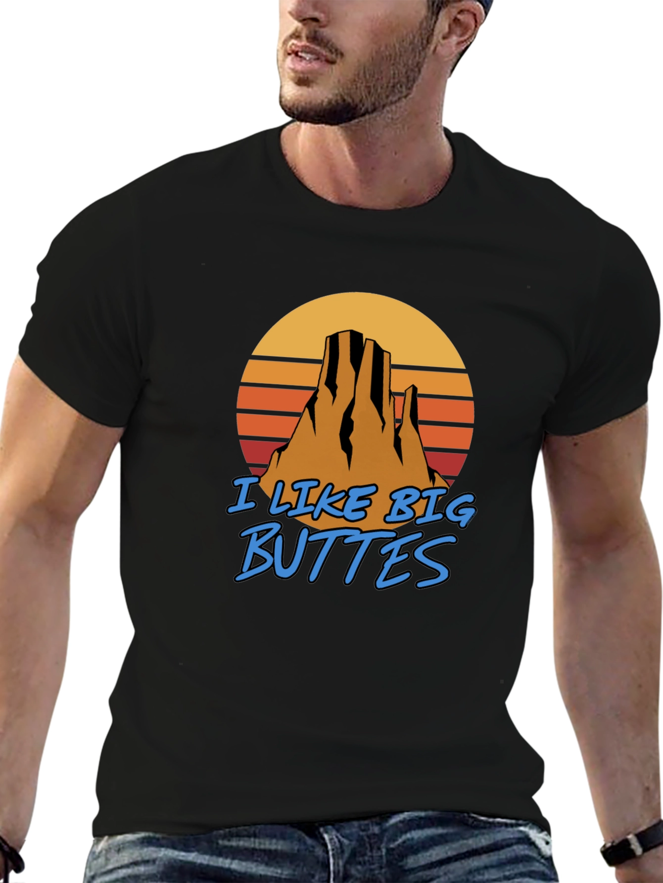 Black I Like Big Buttes Men's Graphic Tee - Desert Mountain Sunset T-Shirt view 6