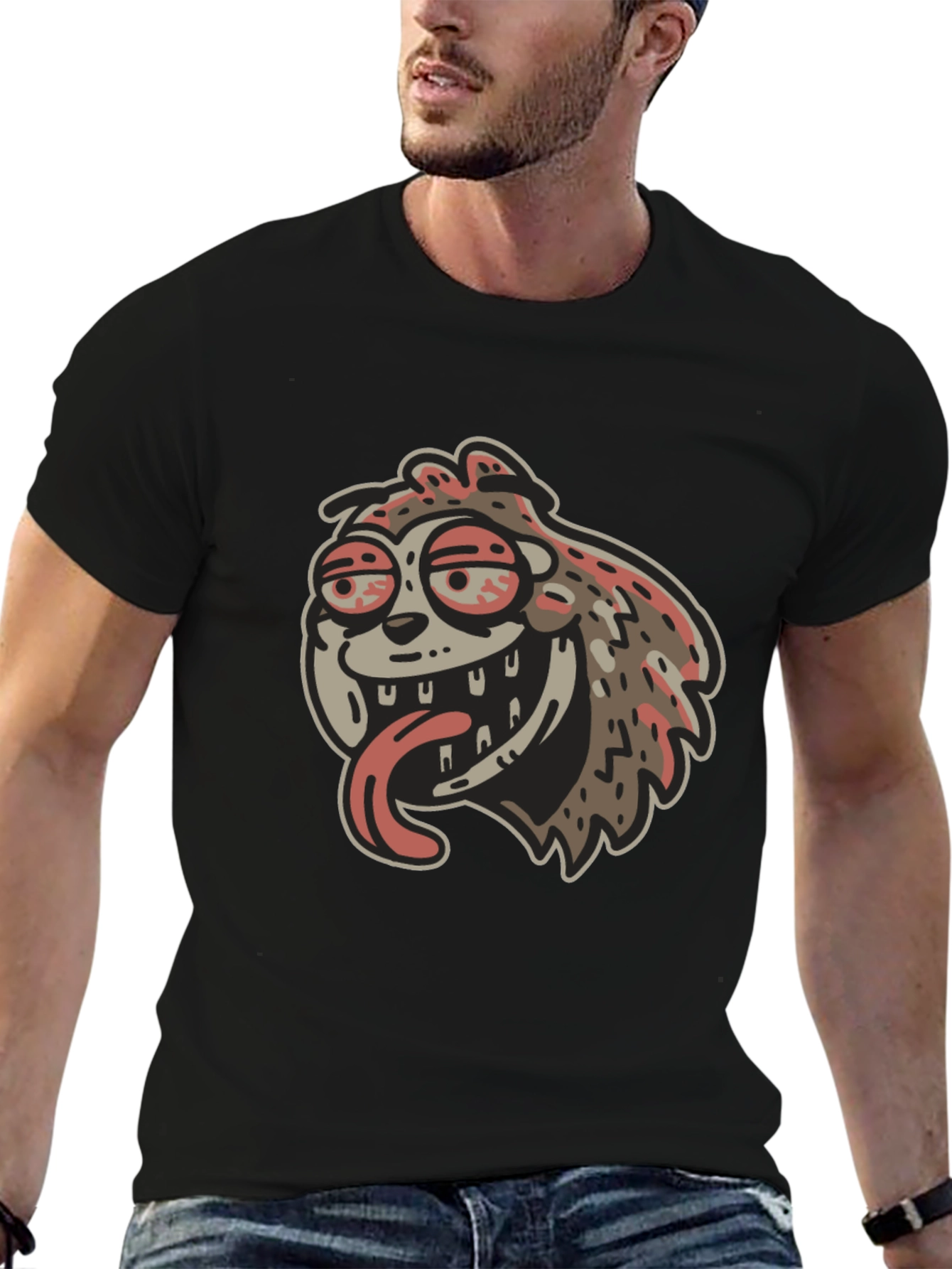 Black Cartoon Sloth Graphic Black T-Shirt view 6